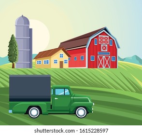 farming silo storehouse pickup truck house barn field vector illustration