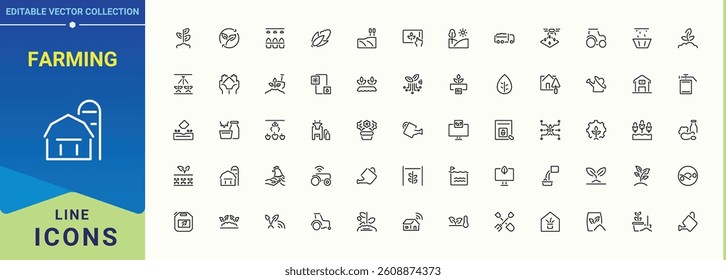 Farming simple icon set. Included organic, plant, farmer, field and more. Minimalist linear icons. Farm vector line icon set. Editable vector art and illustration.