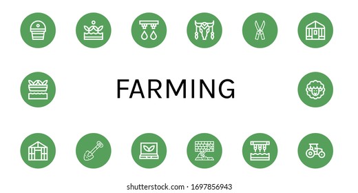 farming simple icons set. Contains such icons as Fertilizer, Crops, Irrigation system, Cow, Shears, Greenhouse, Shovel, Smart greenhouse, can be used for web, mobile and logo