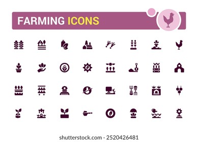 Conjunto de ícones sólidos agrícolas. Relacionado a carrinho de mão, ancinho, pá, coleção de glifos para web e ui. Ícone de pacote preenchido. Ilustração vetorial.