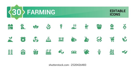 Conjunto de ícones sólidos agrícolas. Relacionado a carrinho de mão, ancinho, pá, coleção de glifos para web e ui. Ícone de pacote preenchido. Ilustração vetorial.