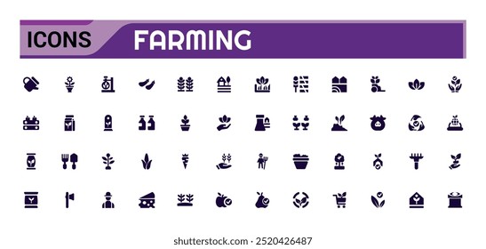 Conjunto de ícones sólidos agrícolas. Relacionado a carrinho de mão, ancinho, pá, coleção de glifos para web e ui. Ícone de pacote preenchido. Ilustração vetorial.