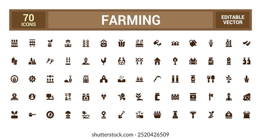 Conjunto de ícones sólidos agrícolas. Relacionado a carrinho de mão, ancinho, pá, coleção de glifos para web e ui. Ícone de pacote preenchido. Ilustração vetorial.