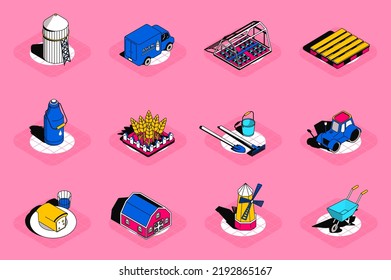 Farming sources 3d isometric icons set. Pack elements of granary, dairy products, harvest, greenhouse, wheat, gardening tools, farmhouse and others. Vector illustration in modern isometric design