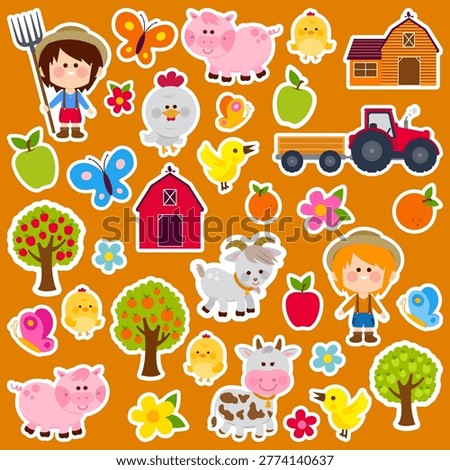 Farming sticker pack in the country with farm animals and a farmer boy child. Cartoon farm animals sticker set and plants sticker, planner and scrapbook. Cute funny sticker sheet for kids. Vector Illustration set