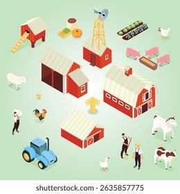 Farming stock raising agriculture isometric infographic banner with farmland windmill barn farmers corn vegetables tractor illustration happy production