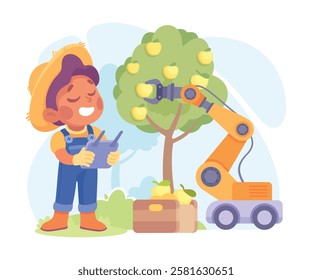 Farming Technology with Boy Farmer Harvest from Apple Tree with Tablet Vector Illustration