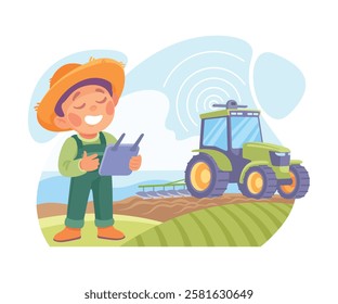 Farming Technology with Boy Farmer Plow Field Vector Illustration