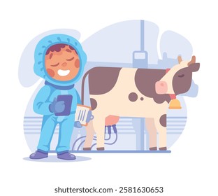 Farming Technology with Boy Farmer Stand with Tablet Milk Cow Vector Illustration