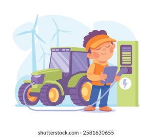 Farming Technology with Boy Farmer Stand with Tablet Vector Illustration