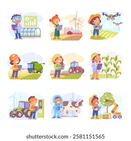 Farming Technology with Farmer Managing Farm with Mobile App on Tablet Vector Set