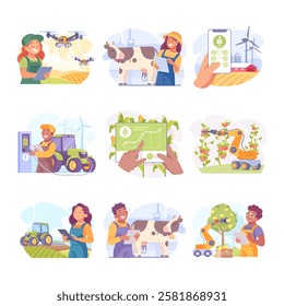 Farming Technology with Farmer Managing Farm with Mobile App on Tablet Vector Set