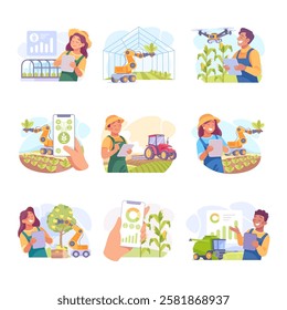 Farming Technology with Farmer Managing Farm with Mobile App on Tablet Vector Set
