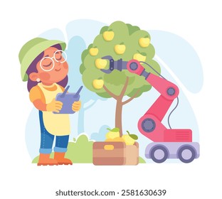 Farming Technology with Girl Farmer Harvest Stand with Tablet at Apple Tree Vector Illustration
