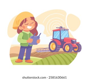 Farming Technology with Girl Farmer Stand with Tablet Vector Illustration