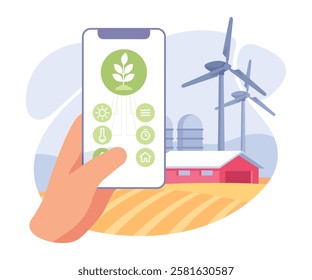 Farming Technology with Hand Use Smartphone App Vector Illustration