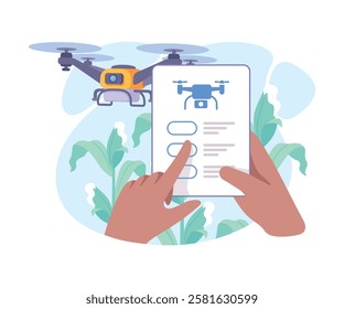 Farming Technology with Hand Use Smartphone App Control Drone Vector Illustration