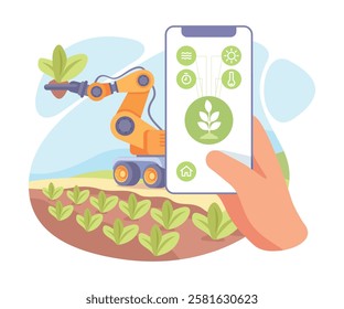 Farming Technology with Hand Use Smartphone App Vector Illustration