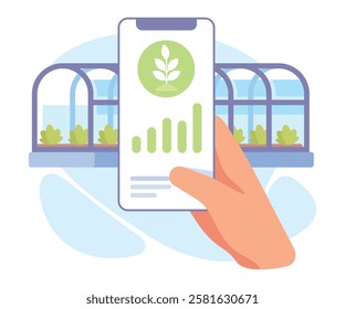 Farming Technology with Hand Use Smartphone App Vector Illustration