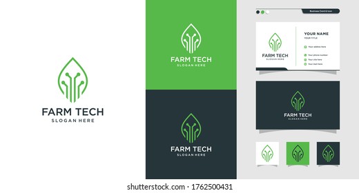 Farming technology logo and business card design, business card design, line art, plant, leaf, Premium Vector