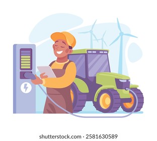 Farming Technology with Man Farmer Charge Tractor Vector Illustration