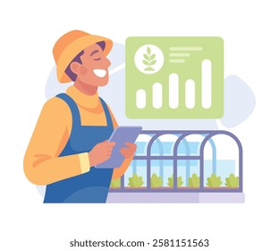 Farming Technology with Man Farmer with Tablet Managing Crop Growing Vector Illustration