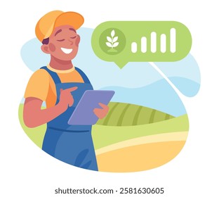 Farming Technology with Man Farmer with Tablet Vector Illustration