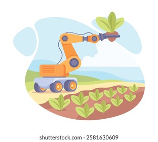 Farming Technology with Robotic Arm Plant Crop Vector Illustration