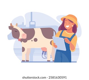 Farming Technology with Woman Farmer Monitor Milk Cow on Tablet Vector Illustration