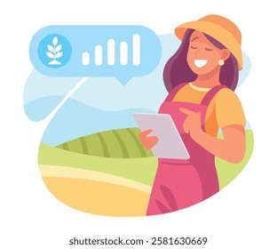 Farming Technology with Woman Farmer with Tablet Vector Illustration