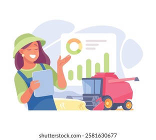 Farming Technology with Woman Farmer with Tablet Vector Illustration