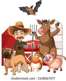Tema agrícola con ilustración de granjeros y animales