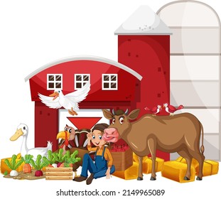 Farming theme with farmer and animals illustration