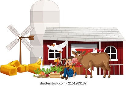Farming theme with farmer and animals illustration