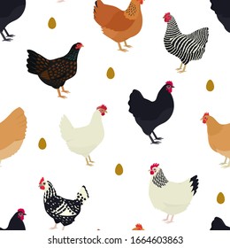 Farming today Chicken breeds Seamless pattern Flat   vector illustration 