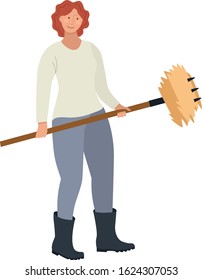 Farming today Woman farmer with pitchfork gathering hay. Girl farmer work at village. Countryside and farmland, agricultural industrial. Cartoon Flat Vector Illustration Isolated object set