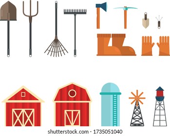 Grupo de herramientas, equipos y elementos de casas agrícolas
