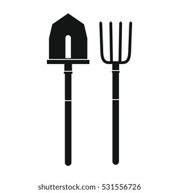 Farming tools - fork and spade in black flat style. Vector illustration