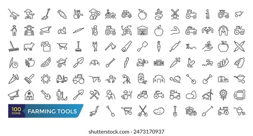 Symbole für Landwirtschaftswerkzeuge eingestellt. Verwandt mit Schubkarre, Harke, Schaufel, Karotte, Gabel und Messer, . Kollektion und Packung linearer Web- und UI-Symbole. Bearbeitbarer Strich. Vektorillustration