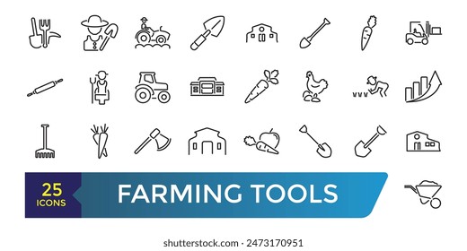 Farming Tools Line Icons Set. Related to Wheelbarrow, Rake, Shovel, Carrot, Fork And Knife, . Collection and pack of linear web and ui icons. Editable stroke. Vector illustration