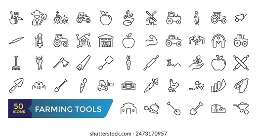 Farming Tools Line Icons Set. Related to Wheelbarrow, Rake, Shovel, Carrot, Fork And Knife, . Collection and pack of linear web and ui icons. Editable stroke. Vector illustration