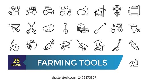 Farming Tools Line Icons Set. Related to Wheelbarrow, Rake, Shovel, Carrot, Fork And Knife, . Collection and pack of linear web and ui icons. Editable stroke. Vector illustration