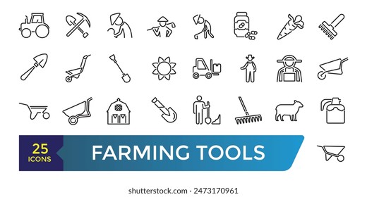 Farming Tools Line Icons Set. Related to Wheelbarrow, Rake, Shovel, Carrot, Fork And Knife, . Collection and pack of linear web and ui icons. Editable stroke. Vector illustration