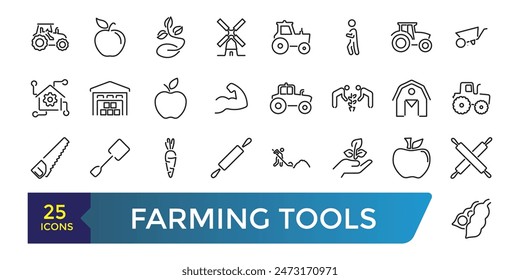 Farming Tools Line Icons Set. Related to Wheelbarrow, Rake, Shovel, Carrot, Fork And Knife, . Collection and pack of linear web and ui icons. Editable stroke. Vector illustration