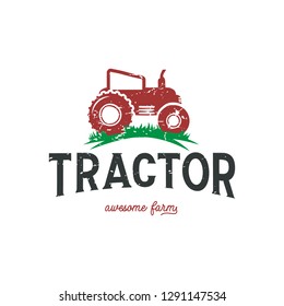 Farming tractor logo design template in red color