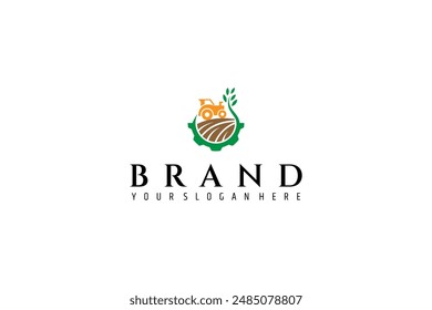 farming tractor logo with wheat combine in flat vector design style