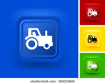 Farming Tractor on Blue Bevel Square Button