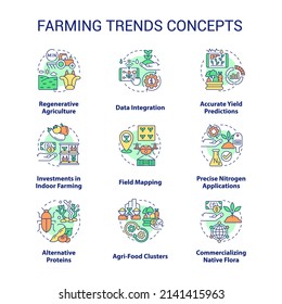 Farming trends concept icons set. Innovations in agriculture industry development idea thin line color illustrations. Isolated symbols. Editable stroke. Roboto-Medium, Myriad Pro-Bold fonts used