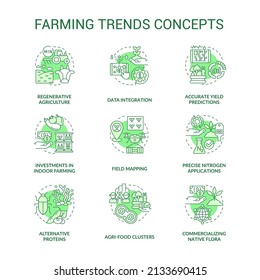 Farming trends green concept icons set. Innovations in agriculture industry development idea thin line color illustrations. Isolated symbols. Editable stroke. Roboto-Medium, Myriad Pro-Bold fonts used