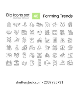 Farming trends linear icons set. Agriculture technology. Food industry. Climate change. Natural product. Customizable thin line symbols. Isolated vector outline illustrations. Editable stroke